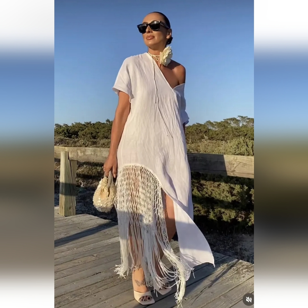 Zara 100% linen fringed macrame white dress Size XS
